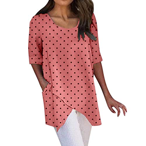 ZODOF Mujeres Camisetas Moda Mujer Asimétrico Media Manga Lunares Dobladillo Irregular Elegante Tops Blusa Verano Camisas Mujer(Melon Rojo)
