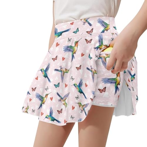ORGYPET Hummingbird Tennis Skorts for Teen Girls Flowy Pleated Golf Skirts Lightweight Comfy Athletic Skirts with Pocket Summer Workout Clothes