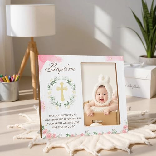 JARIFLEX Baptism Picture Frame Gifts,Baptism Gifts for Girls,Christening Baby Gift for Boys from Godparents Friends Family,Pink Flower Wood Picture Frame(4x6-Vertical) by JARIFLEX - Used condition - Image 3
