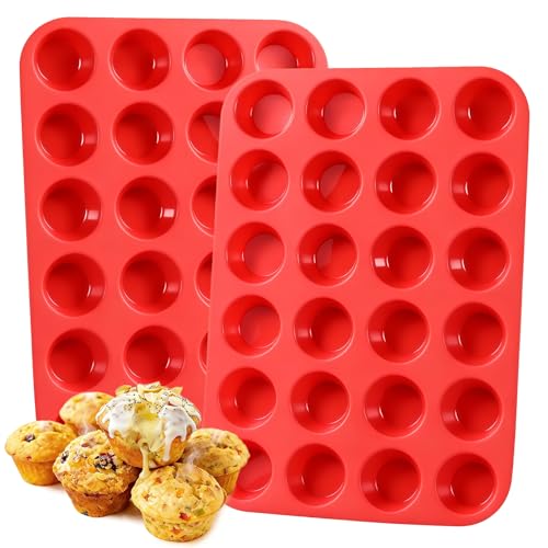 CAKETIME Silicone Mini Muffin Pan, 24 Cups Mini Cupcake Pans Silicone Muffin Tin for Baking Nonstick 2 Pack