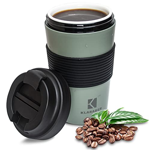Klaraber Tasse de voyage en céramique avec couvercle, tasse en porcelaine portable avec manchon, étanche, tasse à café de voyage réutilisable, 350 ml...