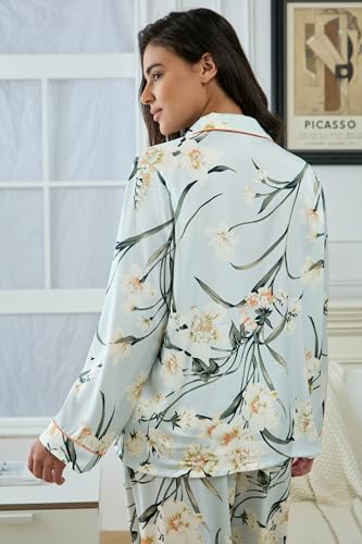Image of YiNi LuLu Womens Silk Satin Pajamas Set Button Down 2 Piece Pjs Long Sleeve Oversized Sleepwear with Pockets