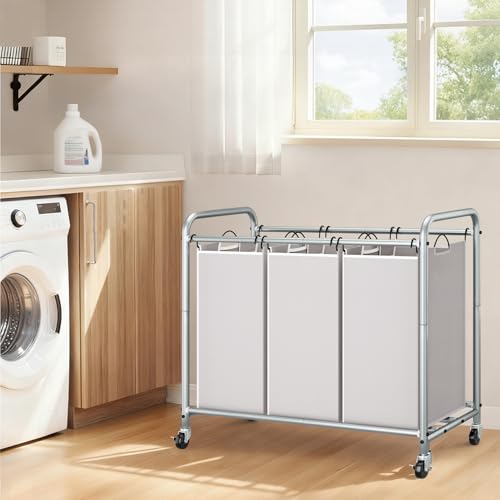 Image of STORAGE MANIAC 3 Section Laundry Sorter, 35.6 Gal (135 L) Laundry Hamper Cart with Heavy Duty Rolling Lockable Wheels and Removable Bags, Clothes Organizer Basket Separator Hamper, Gray