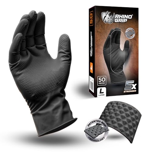 RHINO GRIP Nitrile Gloves - Heavy Duty Disposable Gloves, Diamond Grip Black Gloves - Powder-free & Latex Free Nitrile Gloves, Extra Thick & Ultra Tough Gloves (Large)