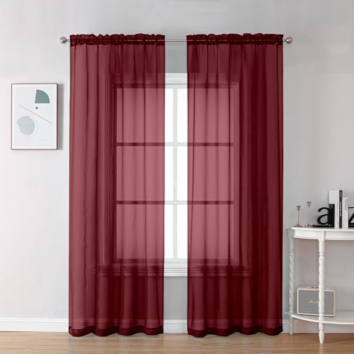 Image of Chyhomenyc Burgundy Sheer Curtains 78 Inches Long 2 Panels Set for Living Room, Light Filtering Voile Lightweight Bedroom Curtains, Rod Pocket Solid Window Treatment Drapes, Each 42W x 78L