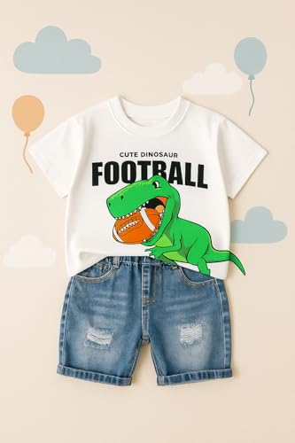 Image of Bold N Elegant Kids Dinosaur Football Cotton Half Sleeve T-Shirt with Denim Shorts Set for Infant Toddler Baby Boys Girls