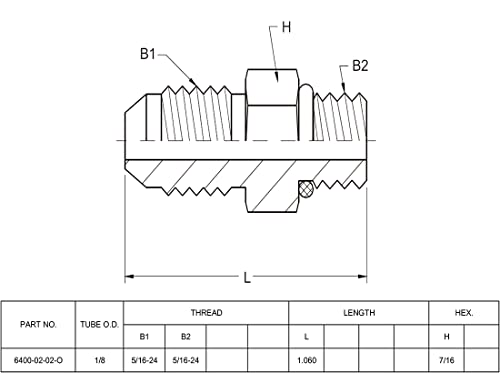 Image of (5-PACK) 6400-02-02-O Hydraulic Hose Adapter Fitting 1 /8 inch Male JIC 37 Flare (5 /16-24 UNF) x 1 /8 inch Male O-Ring Boss (5 /16-24 UNF) SAE Straight Pipe Joints Connector Carbon Steel