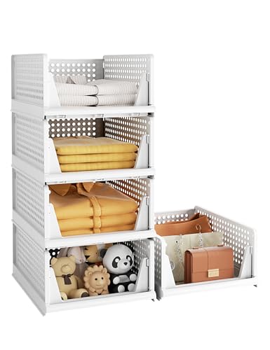5 Pack Closet Organizer System, Stackable Plastic Clothes Storage Basket, Stackable, Foldable Organizers for Wardrobe Clothes Organizer Suitable for Bedrooms Bathrooms Kitchen Living Rooms Office Dorm