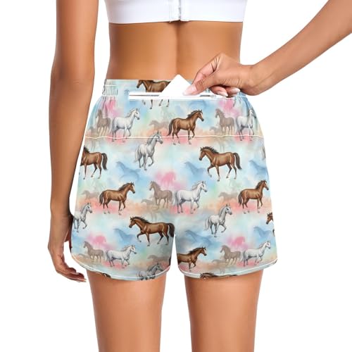 QUGRL Womens Training Shorts Horses Running on Colorful Womens' Stretchy Athletic Bike Shorts for Sports Volleyball Hiking Fitness Vacation XX-Large New