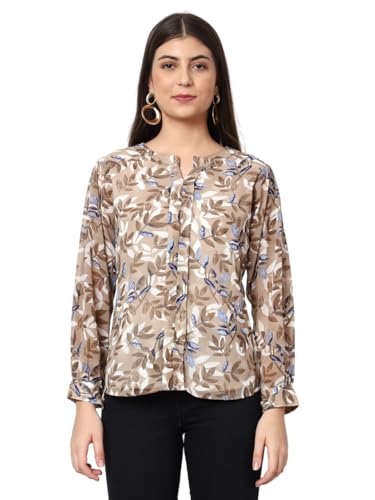 Image of Georgette Leaf Printed V Neck Full Sleeve Casual Top for Women| Women's Regular Fit Fancy Top Summer Tops