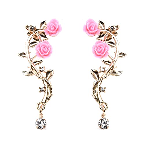 Retro Crystal Rose Flower Climbers Crawler Jacket Earrings Sparkly Metal Ear Cuff Wrap Clip Stud Earring Climber Top Ear Clip For Women Girls Fashion Jewelry (Gold) #TOP4