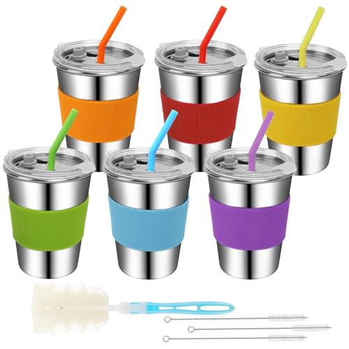 Hikrxya 6 Pack Kids Stainless Steel Cups with Straws and Lids, 12oz Spill Proof Unbreakable Iced Coffee Cup, Reusable Kids Drinking Cup Travel Mug for Child Adult Outdoor
