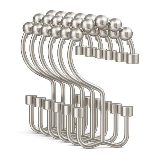 Bathway Nickel Shower Curtain Hooks, 12 Pcs Double Sided Shower Hooks, Rust Proof Metal Shower Hooks for Bathroom, Modern Shower Rings with Cylinders for Shower Curtain & Liners