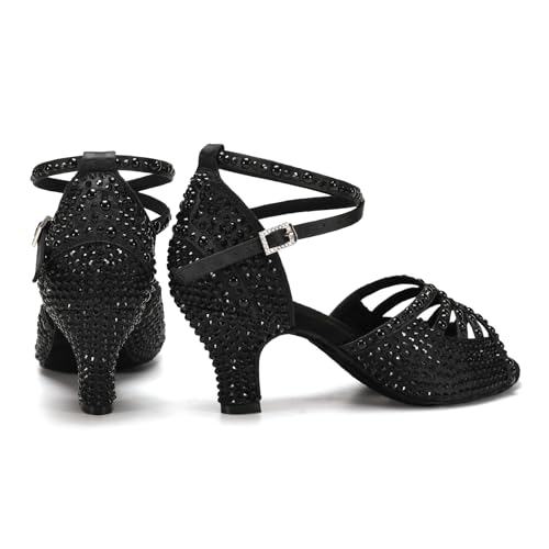 Image of JUODVMP Women's Latin Dance Shoes Rhinestones Satin Ballroom Dancing Shoes Salsa Professional Dance Shoes