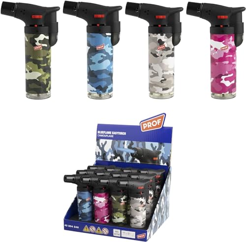 DISPAU Soplete De Cocina Militar, Profesional Antorcha Butano Encendedor Mechero, Recargable, con Bloqueo de Seguridad & Llama Ajustable para barbacóa Crema Cámping (Gas precargado) (Pack x12)