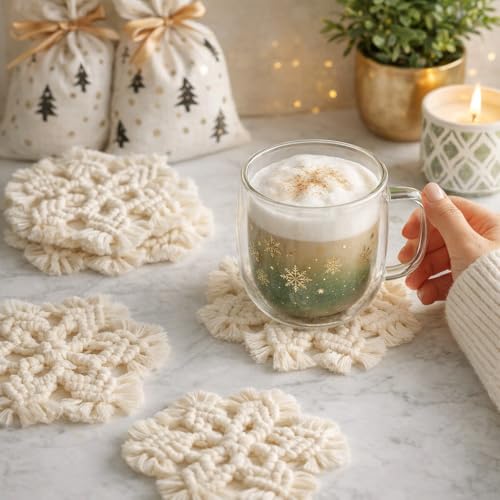 ACEDSGN Macrame Coaster Snowflakes Set of 6 Handwoven Dining Mat Placemats Handmade Christmas Tree Ornaments Xmas Indoor Mantel Hanging Decor Holiday Winter Decorative
