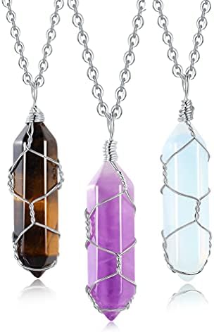 XIANNVXI 3Pcs Healing Crystal Stone Necklaces Amethyst Tiger Eye Opal Silver Wire Wrapped Hexagonal Gemstone Pendant Necklace Spiritual Natural Reiki Quartz Point Jewelry for Women Girls