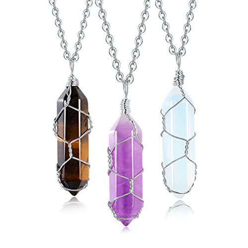 XIANNVXI 3Pcs Healing Crystal Stone Necklaces Amethyst Tiger Eye Opal Silver Wire Wrapped Hexagonal Gemstone Pendant Necklace Spiritual Natural Reiki Quartz Point Jewelry for Women Girls