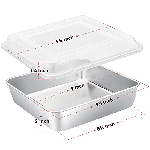 E-Far 9 Inch Square Cake Pan With Lid, 9X9 Baking Brownie Pans Stainless Steel Bakeware Set Of 2, Non-Toxic & Healthy, Easy Clean & Dishwasher Safe - 4 Pieces(2 Pans + 2 Lids) #TOP1