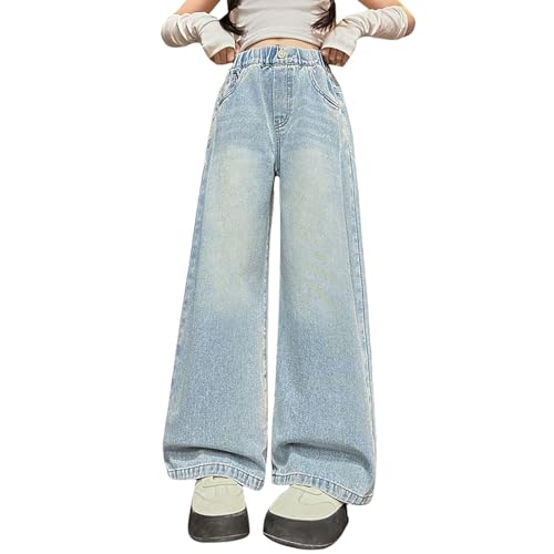Youth Girls Cute Wide Leg Jeans Elastic High Waisted Straight Washed Denim Pants Baggy Trendy Trousers for Teen Girls