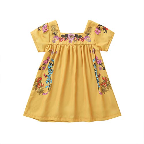 0-4T Toddler Infant Baby Girls Vintage Cotton Loose Dresses Retro Floral Embroidery Short Sleeve Swing Flowy Sun Dresses (Yellow, 6-12 Months)