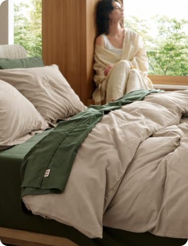 Image of Bedsure PureWoven 100% Washed Cotton Duvet Cover Set, Full Size, 3-PC | Linen Like Texture, Percale Breathable Bedding Set for All Seasons, Zipper Closure, 8 Corner Ties, Frosted Almond, 80 inch x 90 inch