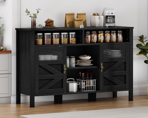 DWVO 55'' Farmhouse Buffet Cabinet with Storage, Large Sideboard Cabinet with 2 Doors & Open Storage, Versatile Coffee Bar Table for Kitchen & Living Room (Black)