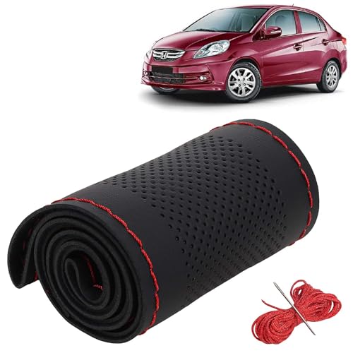 Image of KINGSWAY PU Leatherite Car Steering Cover Sewable Compatible with Honda Amaze (Year 2013-2018), Black Color with Red Thread, Pack of 1 with Sewing Needle and Thread