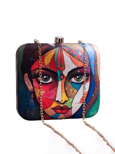 Image of Artklim Printed Box Clutch for Girls - Cross Body Purse with Detachable Golden Chain Strap