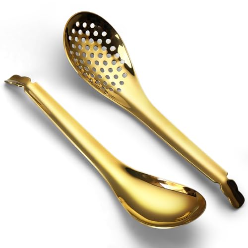 AOOSY 2 Stück Gold Edelstahl Suppenlöffel and cgeschlitzter Servierlöffel, Kaviar Löffel für Suppe, Servierlöffel Kleiner geschlitzter Löffel Abendessen Utensilien für Home Kitchen Restaurant Buffet