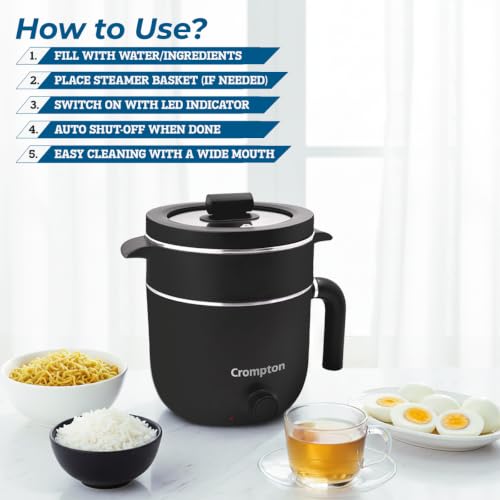 Image of Crompton InstaNourish Pro 1.2L Multi Purpose Electric Kettle with Steamer | 600W | Cool Touch Body | Egg Boiler Stand | Auto Shut-Off | Dry Boil Protection | Black