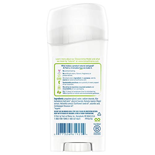 Tom's of Maine Natural Deodorant Stick, Unscented, 2.25 Ounce, Pack of 6