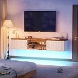 Elancee Mobile Porta TV Sospeso con Striscia di Alimentazione e Luci LED, Mobiletto TV a Muro Stile Rustico Farmhouse, Console Multimediale Fluttuante con Ante per Soggiorno, Bianco e Legno