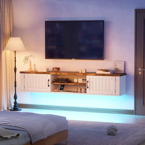 Elancee Mobile Porta TV Sospeso con Striscia di Alimentazione e Luci LED, Mobiletto TV a Muro Stile Rustico Farmhouse, Console Multimediale Fluttuante con Ante per Soggiorno, Bianco e Legno