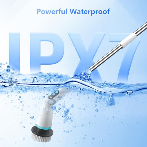 Electric Spin Scrubber Cordless with Remote Button, 8 Brush Heads, IPX7 Waterproof, 3 Speeds, Adjustable Handle (11-51”), Bathroom, Tile, Kitchen, Car & Floor Cleaning Tool (White) - Image 6