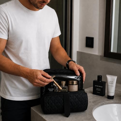 Image of Multifunctional Waterproof Shaving Kit Bag - Travel Cosmetic & Toiletry Organizer Pouch for Men and Women | Compact Medicine & Grooming Storage Case (Black)