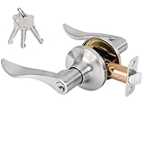 RAFECIEE Keyed Entry Door Lever, Door Handle with Lock and Key, Exterior ＆ Interior Door Handle for Bedroom, Wave Style Lever Satin Nickel, Reversible for Left/Right