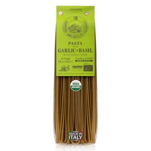 Morelli Organic Garlic and Basil Linguine Pasta - Gourmet Noodles Handmade in Small Batches, Durum Wheat Semolina, Al Dente, Italian Pasta from Italy - 8.8 oz / 250 g - Pack of 1