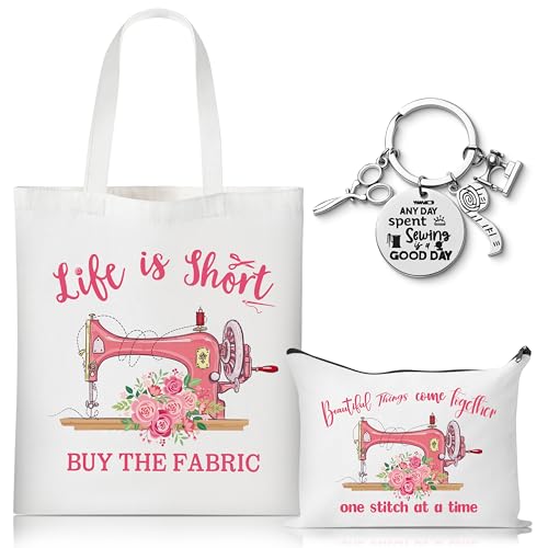 3Pcs Pink Vintage Sewing Tote Bag Canvas Bag with Keychain, Funny Quilting Gifts for Seamstress Women Sewing Lovers Mom, Cosmetic Organizer Makeup Pouch Sew Machine Themed Christmas Gift