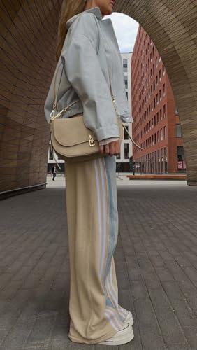 CHARTOU Women Side Stripes Patchwork Wide Leg Denim Pants High Rise Straight Jeans with Pockets3