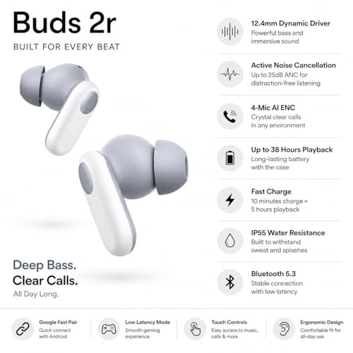 Image of Original in-Ear True Wireless Earbuds Compatible for OnePlus Buds 2R, 12.4mm Drivers, Up to 48H Playback with Case, 4 Mic AI Call Noise Cancellation, IP55 Water Resistant (White)