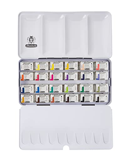 Schmincke – Akademie Aquarell Farbkasten, Vollsortiment 24 x 1/1 Näpfchen, 75 425 097, Metallkasten, hoch lichtechte Farbtöne, feine Künstler-Aquarellfarben
