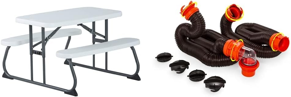 Lifetime Kid's Picnic Table, White and Black & Camco RhinoFLEX 20-Foot RV Sewer Hose Kit | Features Pre-Attached Bayonet Fittings, a Clear Elbow with 4-in-1 Adapter, and is Ideal for RVs