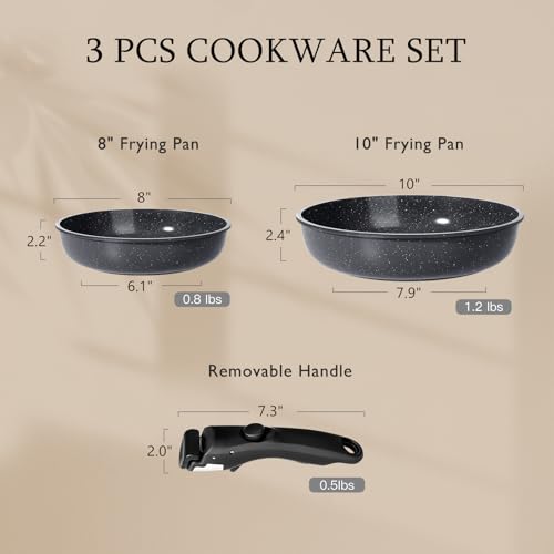 Image of GiPP Ceramic Non Stick Frying Pans Set Removable Handle, Dishwasher & Oven Safe Nonstick Skillets with Detachable Handle, Healthy Cooking Compatible with All Stovetops, PFOA Free, RV Cookware set