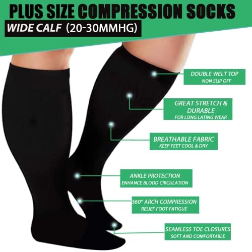 Image of 4 Pairs Plus Size Compression Socks for Women and Men 20-30 mmHg, Wide Calf Stockings Best Support for Circulation, Running