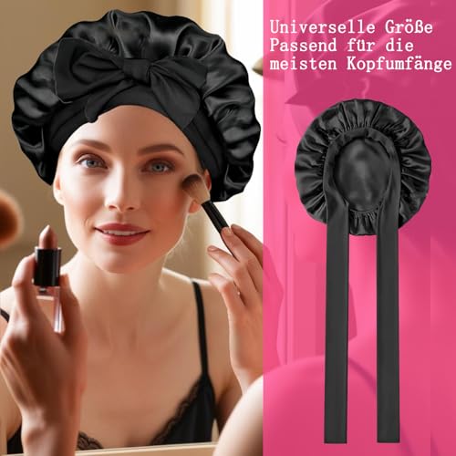 2 Stück Schlafmütze Satin Bonnet seidenhaube zum schlafen Nacht Schlaf Mütze Verstellbare Schlafkappe Kopfbedeckung Weiche Kopfhaube Schlafhaube Seide mit Gummizug für Damen und Mädchen(Schwarz)