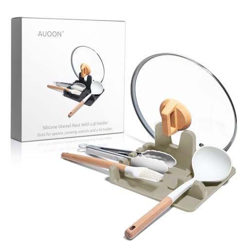 Image of Auoon Silicone Spoon Rest with Lid Holder - 3 in 1 Kitchen Utensil Rest for Soup Ladles, Pot Lids, Spatulas, Spoons, Tongs, BPA Free & Dishwasher Safe, 8.26 x 8.06 Inch (Milk Shake, Large)