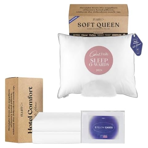 FluffCo Standard/Queen Down Alternative Pillow & Cooling Pillowcases | Luxury Hotel-Quality Breathable Microfiber Polyester Pillow(1) & 100% Queen Size Cotton Pillow Cases(2) | Machine Washable Cover