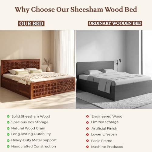 Image of WOODLAB Furniture Solid Sheesham Wood Niwar King Size Bed with Box Storage Wooden Double Bed Furniture Palang for Bedroom Living Room Home (Honey Finish)