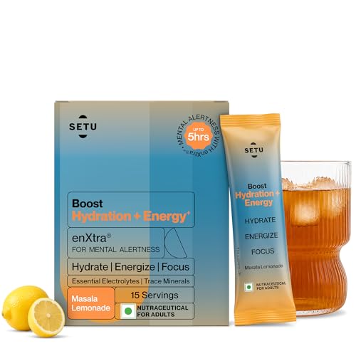 Image of Setu Boost Hydration + Energy Electrolyte Powder Sachets with No Caffeine | Enriched with enXtra | Masala Lemonade Flavor | 15 Sachets